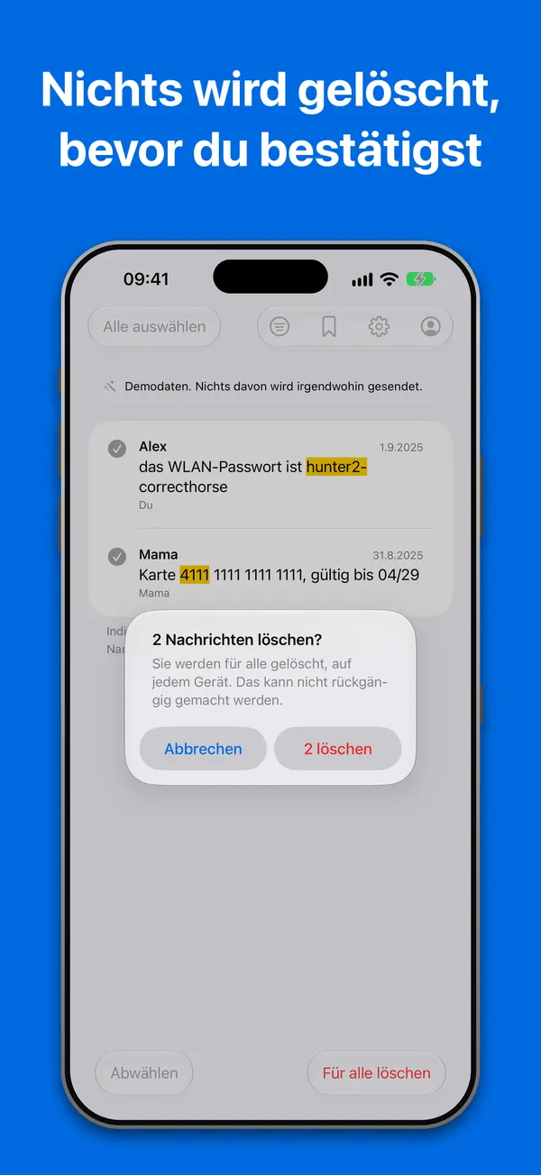 Löschen: zwei ausgewählte Nachrichten und eine Bestätigung, die die genaue Anzahl nennt und sagt, dass sie für alle gelöscht werden