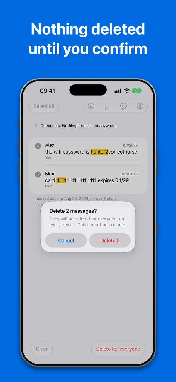 Deletion: two selected messages, and a confirmation that names the exact count and says they are deleted for everyone