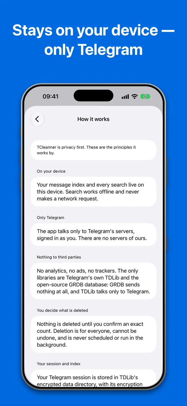 How it works: the privacy principles, as the app shows them in Settings