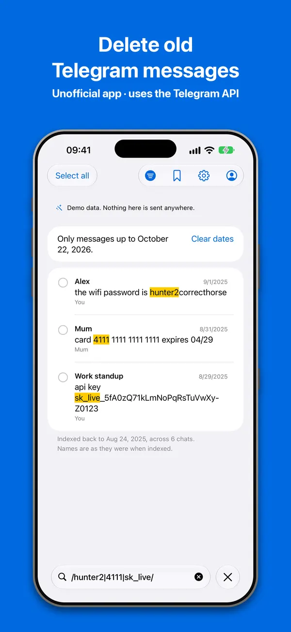 Date range: only messages up to a chosen date, ready to be deleted