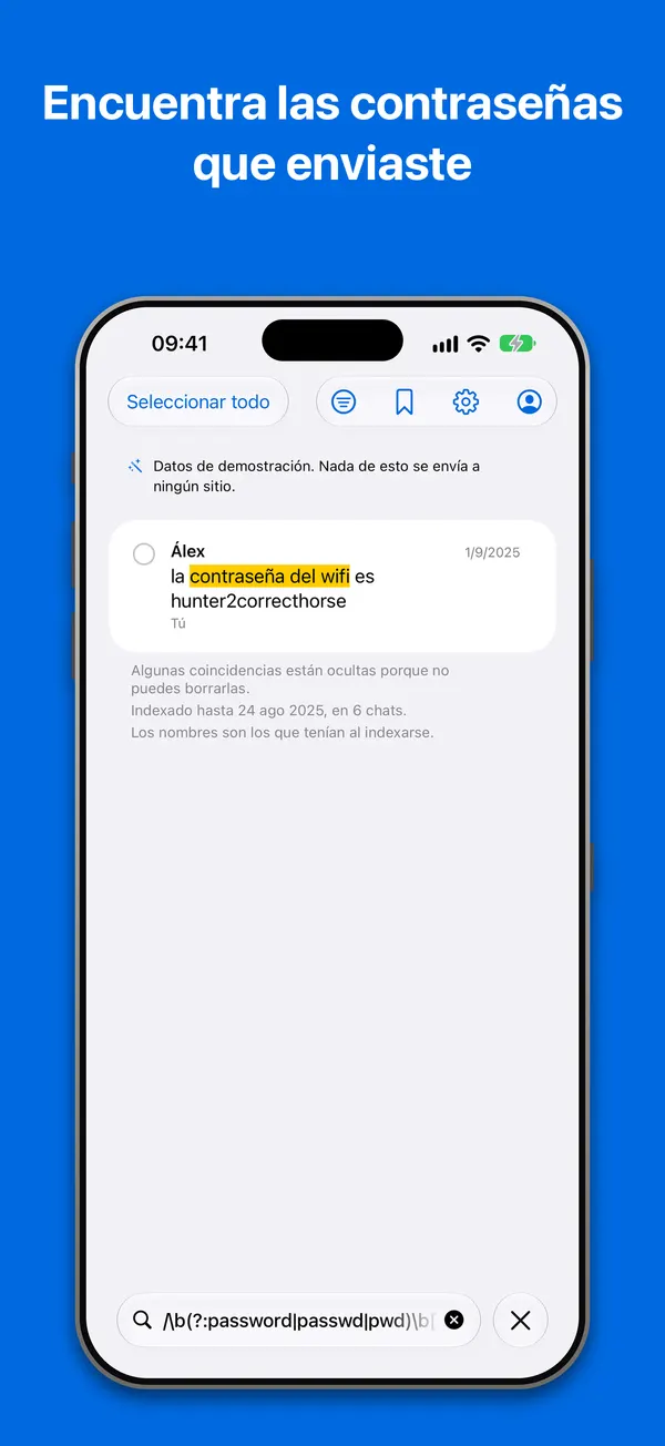 Búsqueda: una expresión regular encuentra una contraseña de wifi enviada en un chat, sobre el archivo de demostración integrado