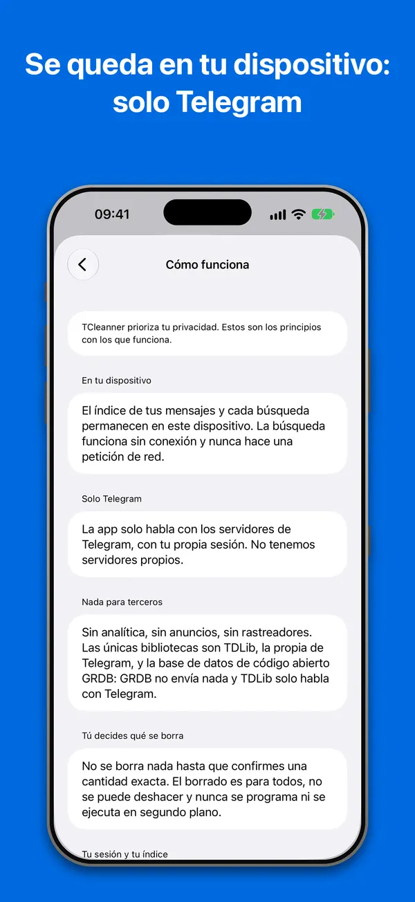 Cómo funciona: los principios de privacidad, tal como la app los muestra en Ajustes