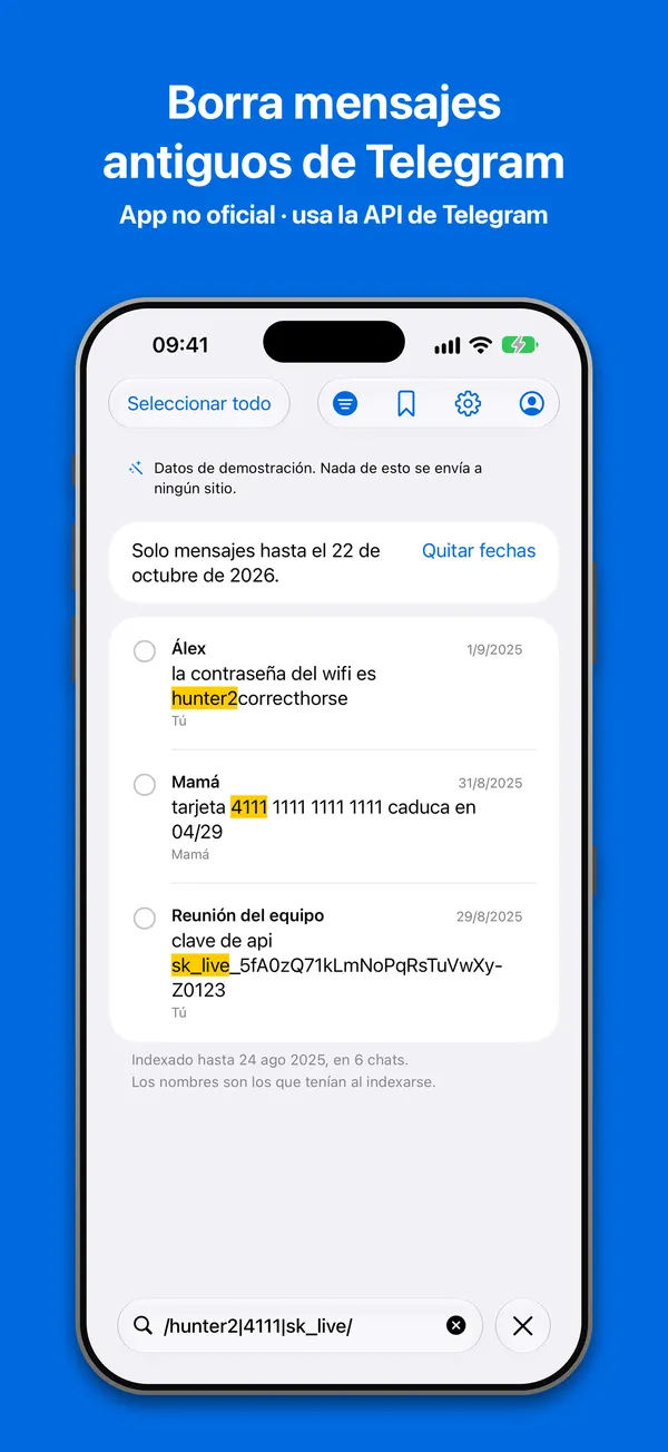 Rango de fechas: solo los mensajes hasta una fecha elegida, listos para borrarse