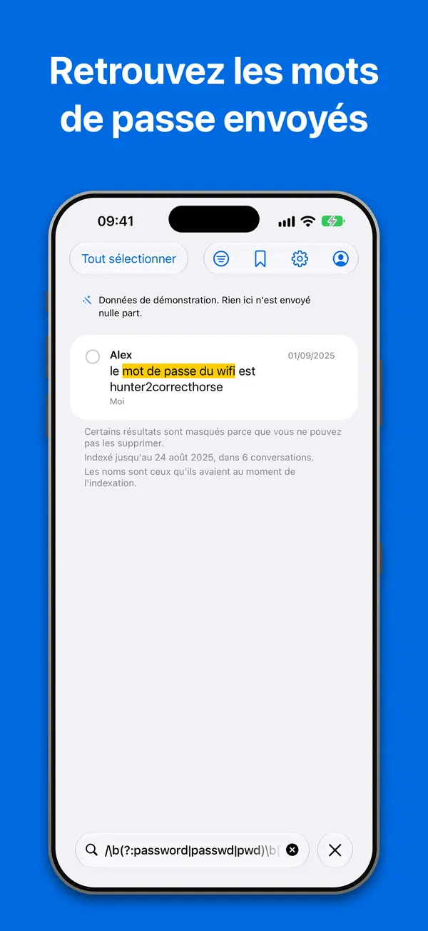 Recherche : une expression régulière trouve un mot de passe wifi envoyé dans une discussion, dans l'archive de démonstration intégrée