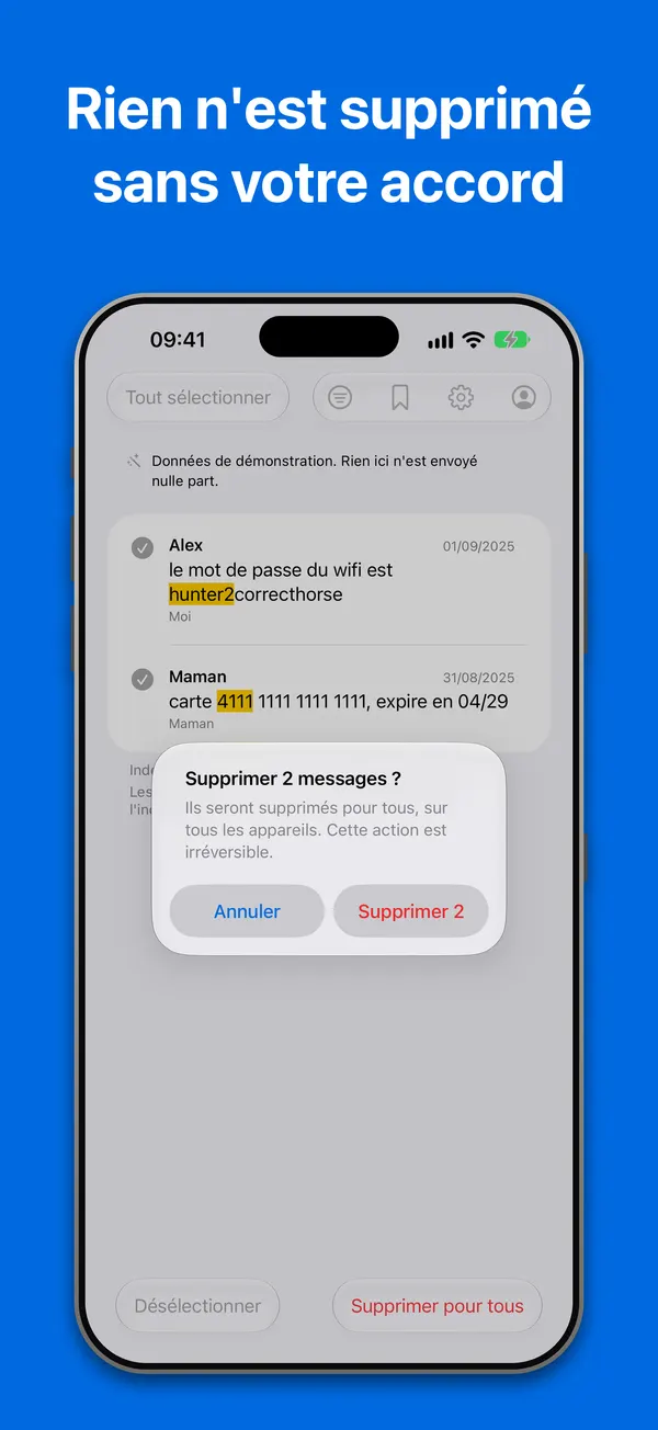 Suppression : deux messages sélectionnés, et une confirmation qui indique le nombre exact et précise qu'ils sont supprimés pour tous