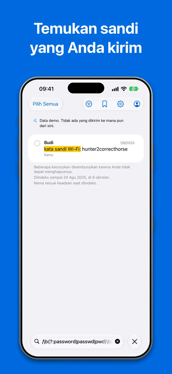 Pencarian: sebuah ekspresi reguler menemukan kata sandi wifi yang dikirim di obrolan, di arsip contoh bawaan