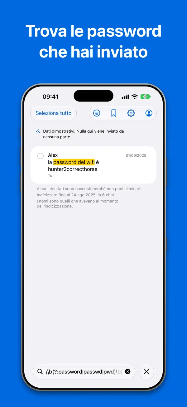 Ricerca: un'espressione regolare trova una password del wifi inviata in una chat, nell'archivio demo integrato