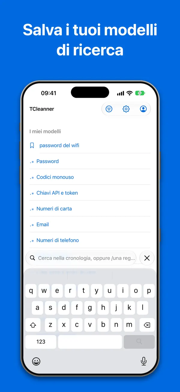 Modelli: schemi di ricerca salvati, e quelli integrati per password, codici monouso, chiavi API, numeri di carta, email e numeri di telefono