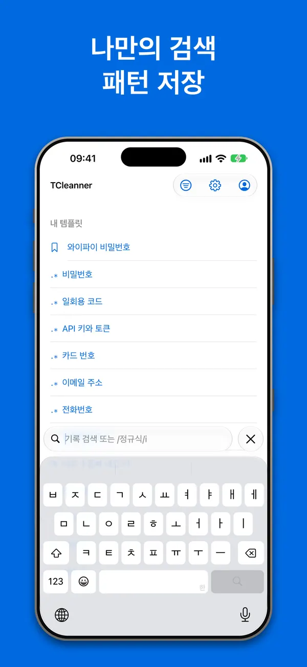 템플릿: 저장한 검색 패턴과 비밀번호, 일회용 코드, API 키, 카드 번호, 이메일, 전화번호를 위한 내장 패턴