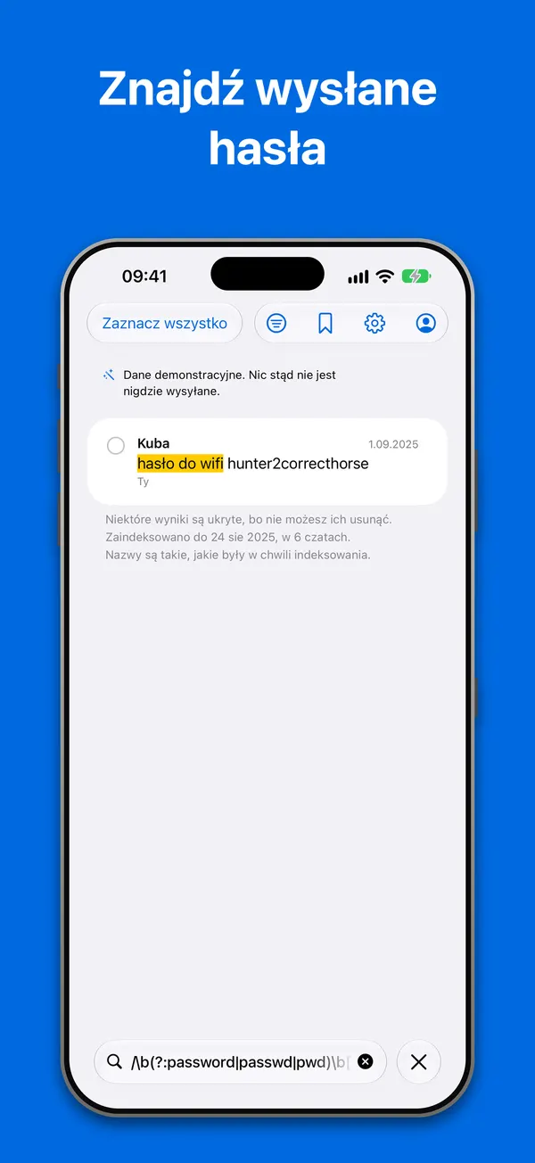 Wyszukiwanie: wyrażenie regularne znajduje hasło do Wi-Fi wysłane na czacie, we wbudowanym archiwum demonstracyjnym