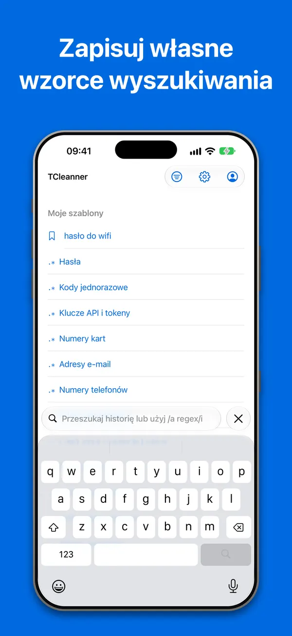 Szablony: zapisane wzorce wyszukiwania i wbudowane wzorce dla haseł, kodów jednorazowych, kluczy API, numerów kart, adresów e-mail i numerów telefonów