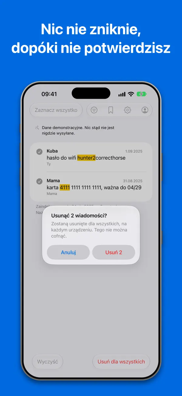 Usuwanie: dwie zaznaczone wiadomości i potwierdzenie, które podaje dokładną liczbę i mówi, że zostaną usunięte dla wszystkich