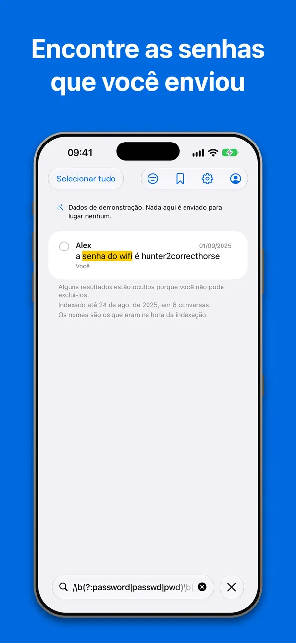 Pesquisa: uma expressão regular encontra uma senha de wi-fi enviada em uma conversa, no arquivo de demonstração embutido