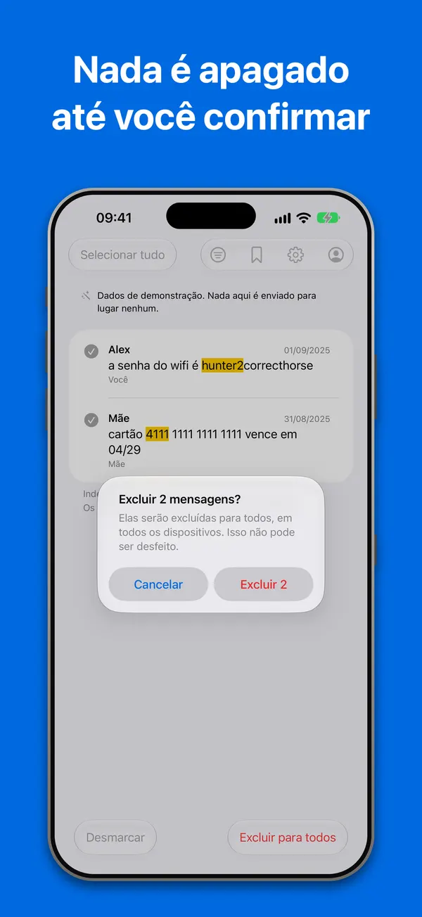 Exclusão: duas mensagens selecionadas e uma confirmação que mostra a quantidade exata e diz que elas serão apagadas para todos