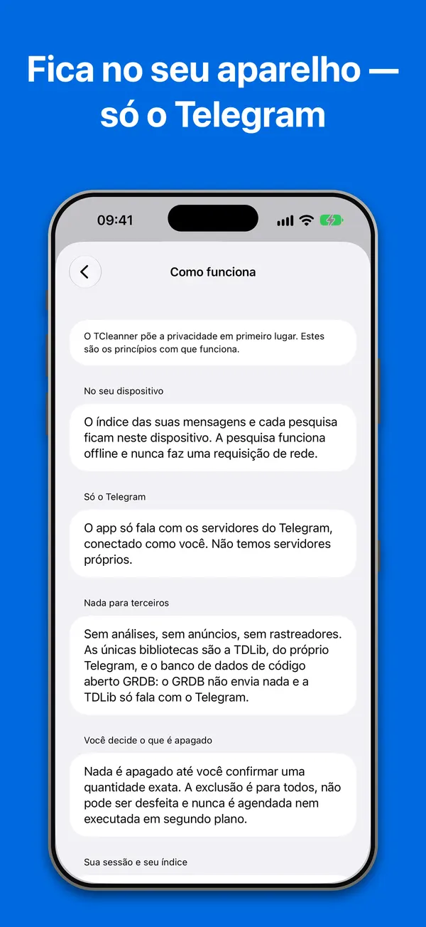 Como funciona: os princípios de privacidade, como o app os mostra em Ajustes