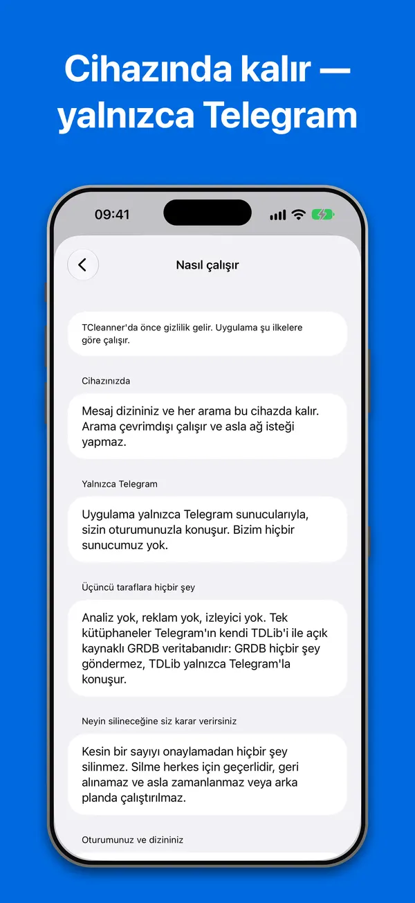Nasıl çalışır: uygulamanın Ayarlar'da gösterdiği şekliyle gizlilik ilkeleri
