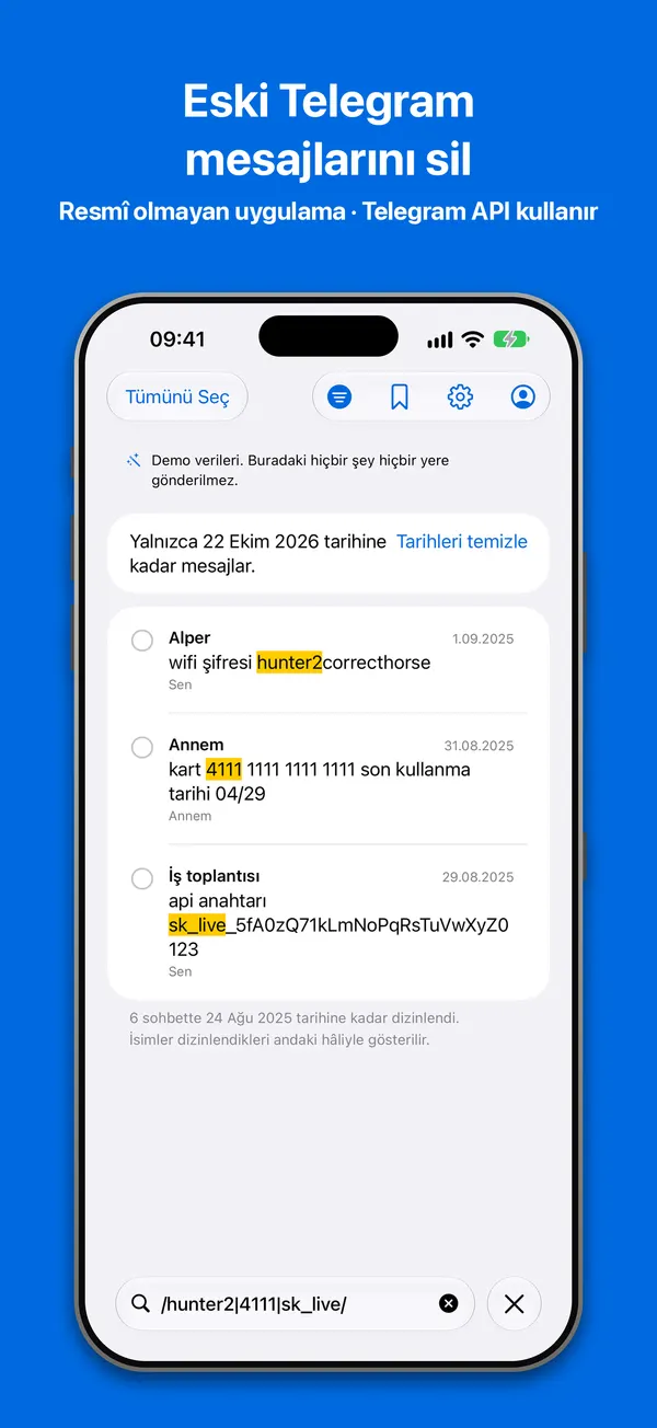 Tarih aralığı: yalnızca seçilen tarihe kadarki mesajlar, silinmeye hazır