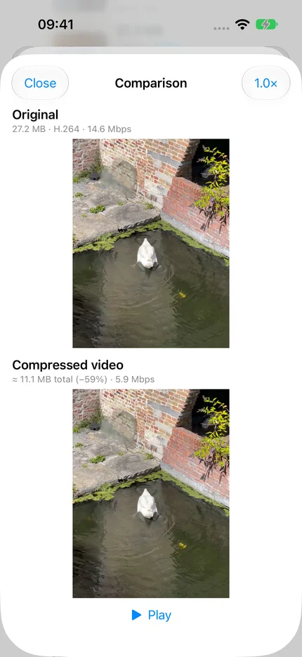 iPhone preview comparing an original video with its compressed copy